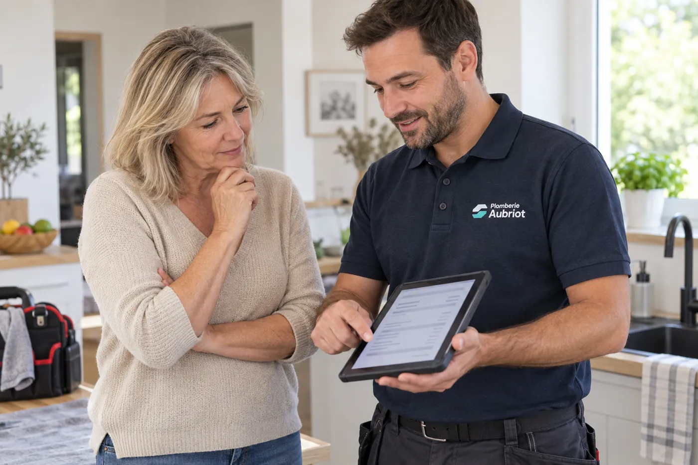 Plombier présentant un devis écrit et détaillé sur tablette à une cliente, dans sa cuisine